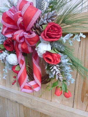Red and White Christmas Rose wreath - image4